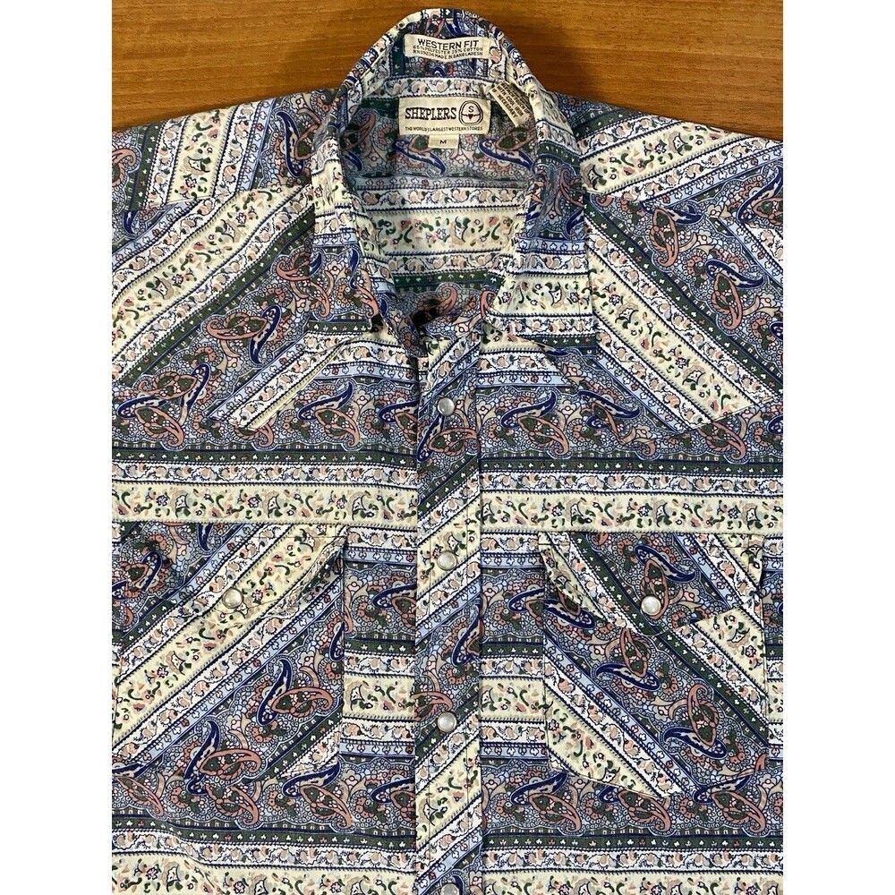 Vintage Sheplers Western Pearl Snap Shirt Mens M Southwestern Aztec Print
